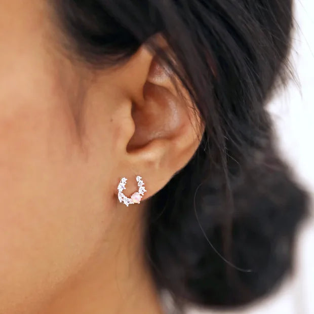 Crystal And Opal Horseshoe Stud Earrings In Silver