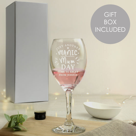 Personalised Manic Mum Wine Glass