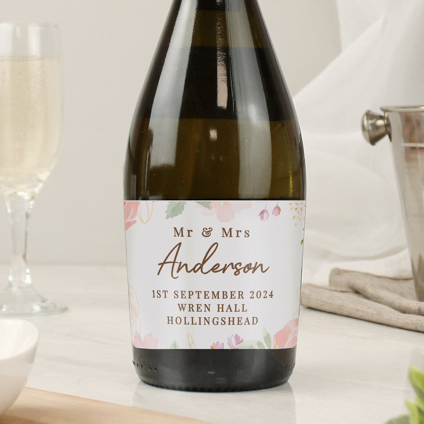 Personalised Bottle Prosecco Floral Watercolour