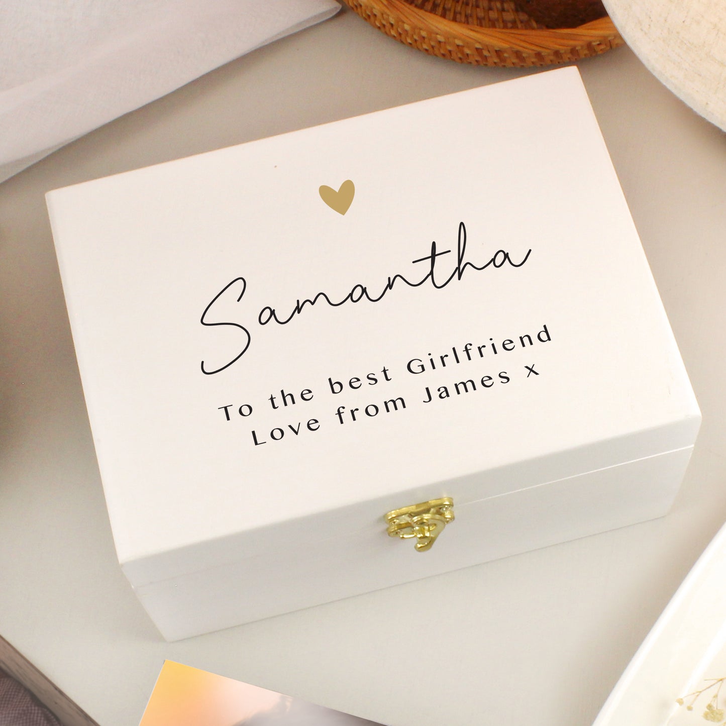 Personalised Gold Heart White Box Wedding, Engagement, Birthday, Memorial