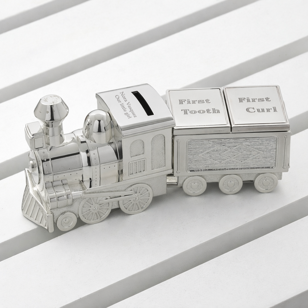 Personalised Silverplated Train And Carriage Money Bank/Tooth Curl