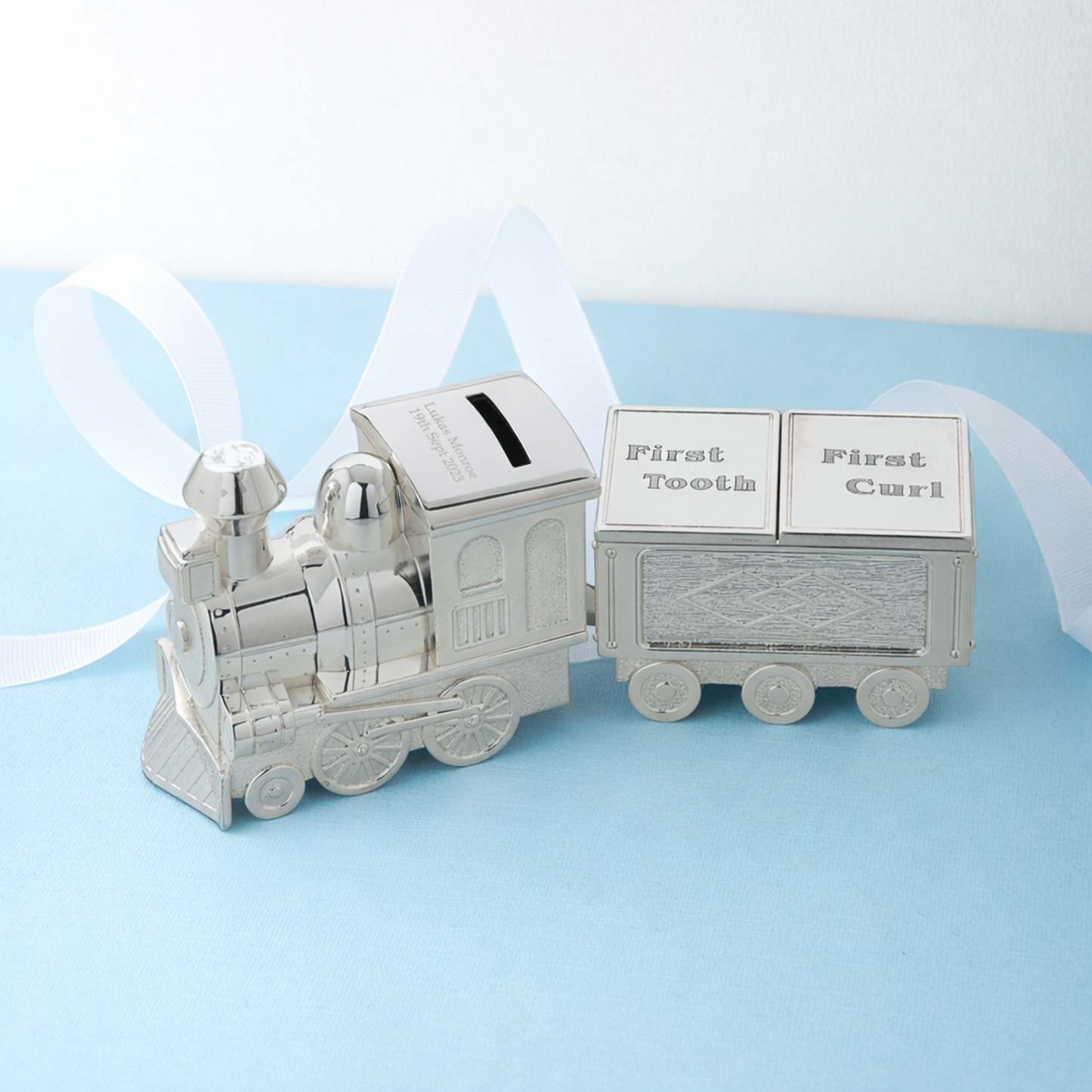 Personalised Silverplated Train And Carriage Money Bank/Tooth Curl