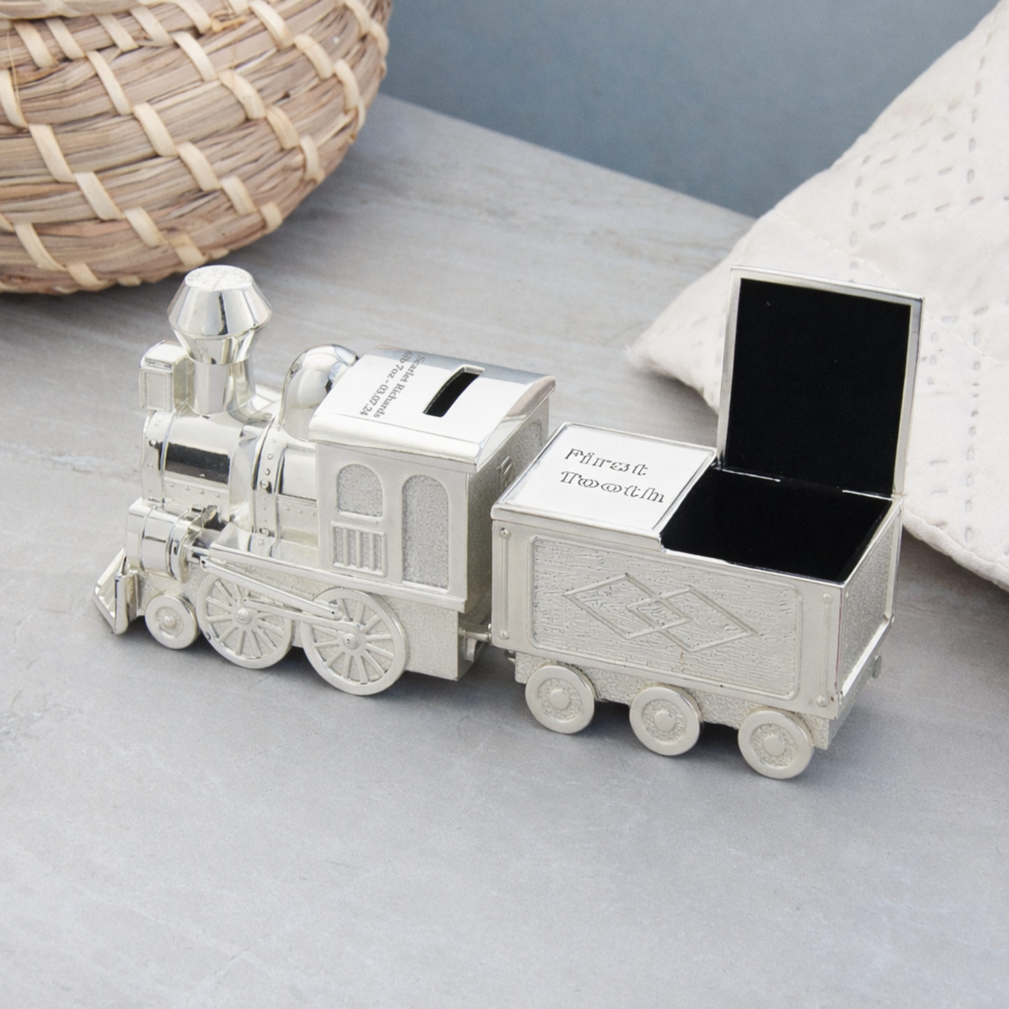 Personalised Silverplated Train And Carriage Money Bank/Tooth Curl