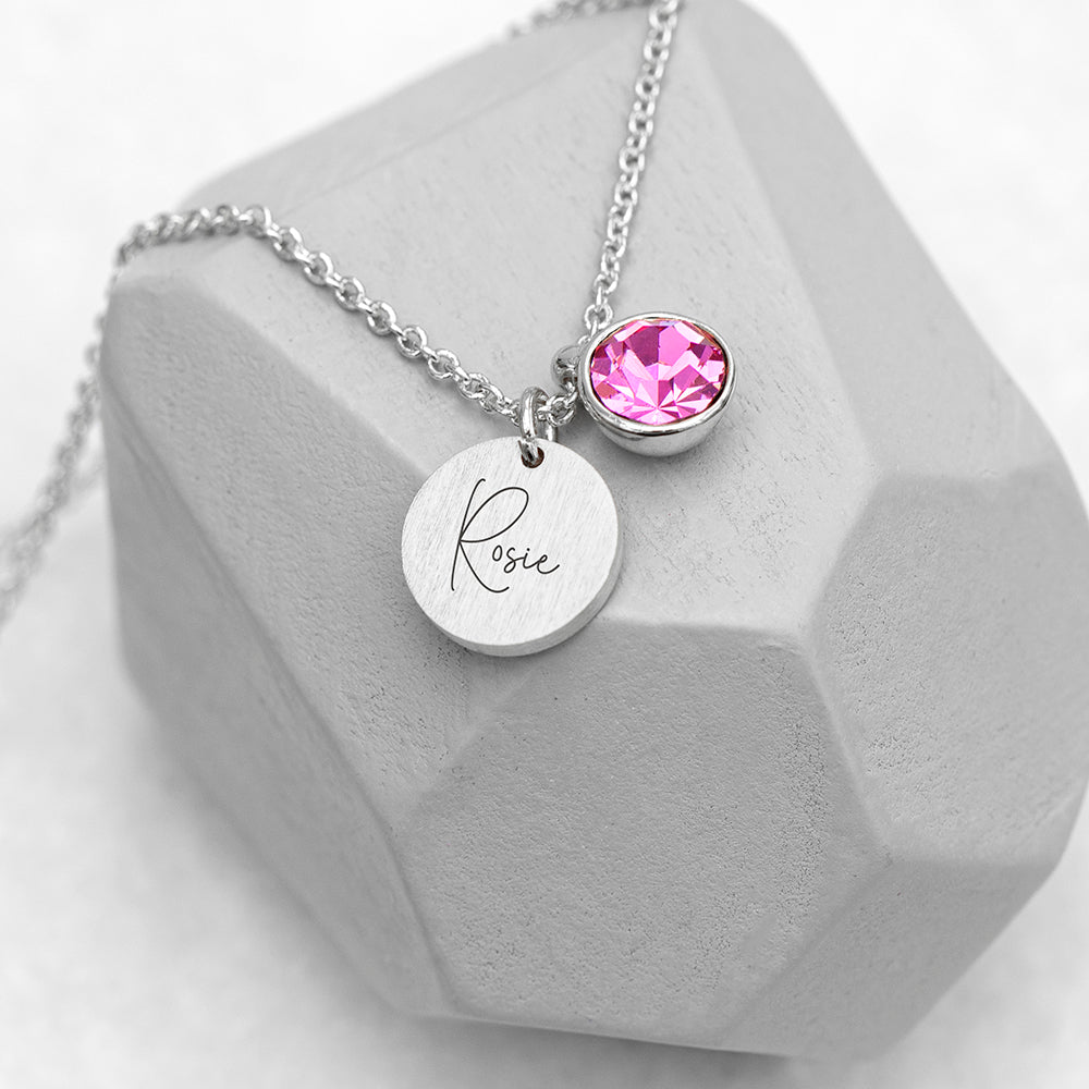 Personalised Silver Birthstone Crystal And Disc Necklace